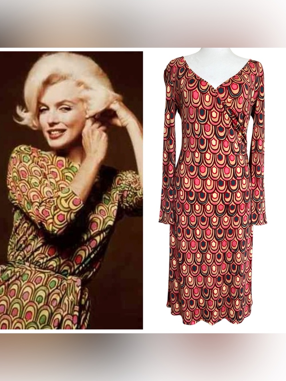Vintage Emilio Pucci Silk Jersey Printed Long Sleeve Midi Dress Pink Tan 42 8 M